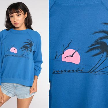 Hawaii Sweatshirt 80s Sweatshirt Palm Tree Beach Sweater Graphic Print Slouch Pullover 1980s Blue Crewneck Raglan Vintage Small Medium 