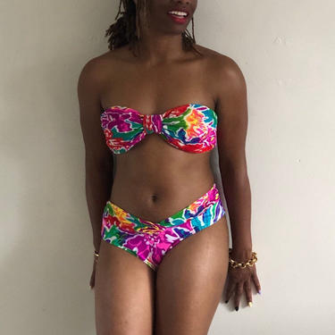 80s Oscar de la Renta bikini swim suit bathing suit / vintage neon floral two piece bandeau strapless bikini swimsuit | M 