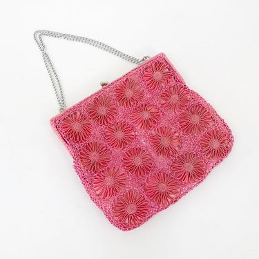 50s Pink Macrame Handbag | Pink Flower Purse 
