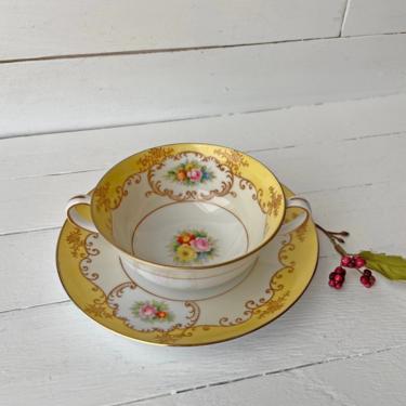 Vintage Japanese Yellow And Floral Gold Rim Tea Cup And Saucer With Two Handles // Hot Chocolate, Tea, Coffee Mug // Perfect Gift 