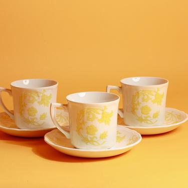 Set of 3 80s Vintage White Yellow Floral Pattern Ceramic Teacups with Plates 