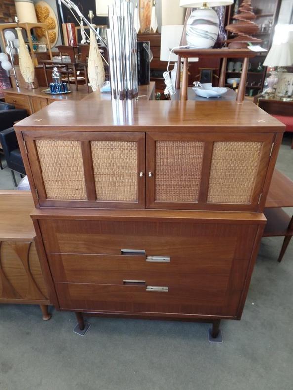 Mid- Century Modern highboy dresser with pewter and cane accents by American of Martinsville