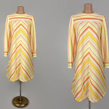 VINTAGE 70s Candy Corn Chevron Stripe Dress | 1970s A-line Dress With Pockets | Long Sleeve Mod Dress | Orange Yellow White | Studio 54 