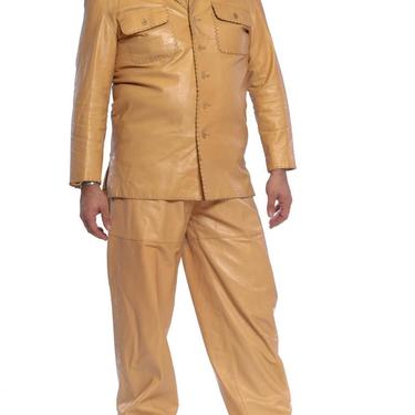 1970'S Beige Men's Leather Suit  Silk Shirt With Boots (Size 12) Set 