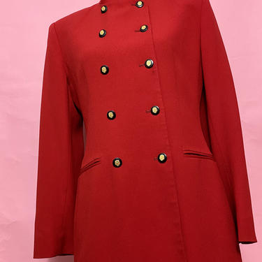 Vintage Red 1990s Jones New York Collarless Double Breasted Blazer/ Jacket Size 8 Features: 