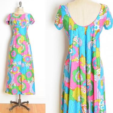vintage 60s dress Hawaiian print floral watteau train psychedelic maxi XS S clothing 