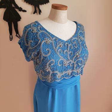 Vintage 1950's Beaded Cocktail Dress / 60s Blue Formal Dress XL 