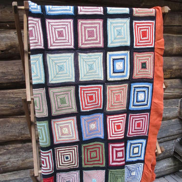 Modernist Crochet Coverlet Mid Century Bauhaus Bedspread Boho Crochet Colorful Blanket Geometric Multi Color 70's Throw Bohemian Decor 