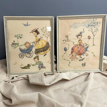 Nursery illustrations by Lambert - a pair - 1950s vintage framed prints 