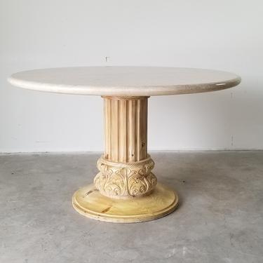 Italian Carved Wood Base and Travertine Top Round Dining Table. 