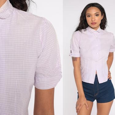 Lavender Gingham Shirt 60s 70s Cottagecore Button Up Blouse Checkered Top Peter Pan Collar White 1960s 1970s Vintage Preppy Extra Small XS 
