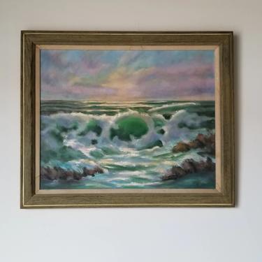 1970's Vintage H. Ware Ocean Sunset Landscape Painting , Framed 