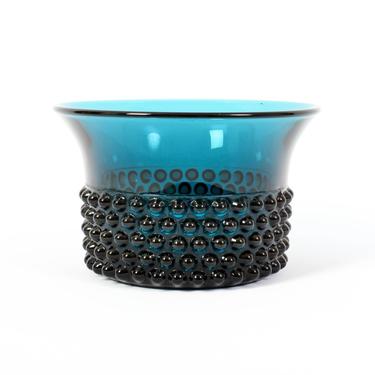 Nuutajrvi Notsj Blue Bowl - Saara Hopea Iittala Finland - Nyppyl Art Glass - Knobby Hobnail Flared Teal Glass 