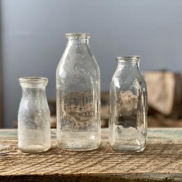 Set of 3 Vintage Glass Jars Bottles | Creamer Bottles | Clear Glass Bottle Set | Centerpiece Vases | Flowers | Set of 3 Clear Bottles 