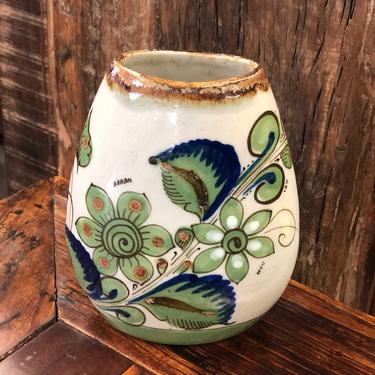 Vintage Mid Century Modern Handmade Hand Painted Floral Vase Pottery Green Blue Brown Earth Tones Danish Ceramic Original 