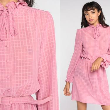 Sheer Pink Dress 80s Puff Sleeve Dress 80s Mini Dress Button Up High Waisted Checkered Secretary Ruffle Vintage 1980s Minidress Small Medium 
