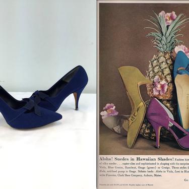 An Exotic Elegance - Vintage 1950s 1960s NOS Royal Blue Nubuck Leather Bow Stilettos Shoes Heels - 6B 