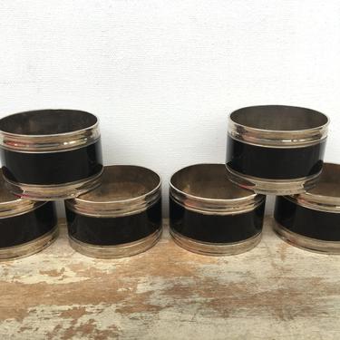 Vintage Black Enamel And Silver Plated Napkin Rings, Set Of 6 Classic Design Table Setting Napkin Rings 