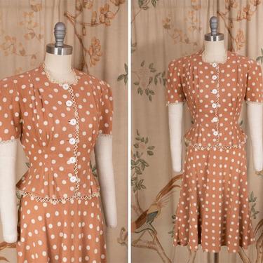 1930s Dress Set - The Ballyclare Dress - Charming Late 30s Polka Dot Dress Set with Puffed Sleeve Blouse and Bias Cut Skirt 