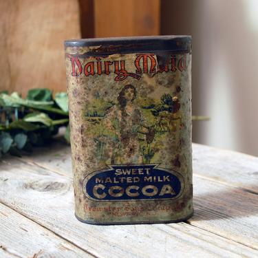 Antique Dairy Maid Cocoa tin / antique advertising cocoa tin / collectable tin / food advertising / primitive farmhouse decor / litho tin 