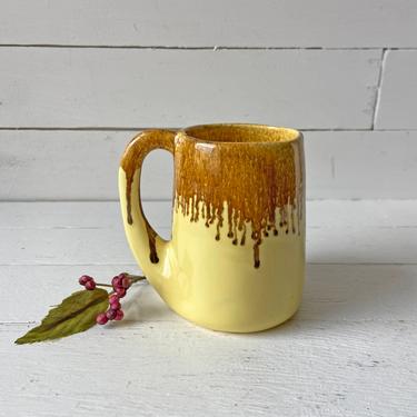 Vintage Midcentury Glazed Brown And Yellow Coffee Mug // Yellow Mugs, Drip Brown Pottery, Cottagecore, Rustic Decor // Perfect Gift 