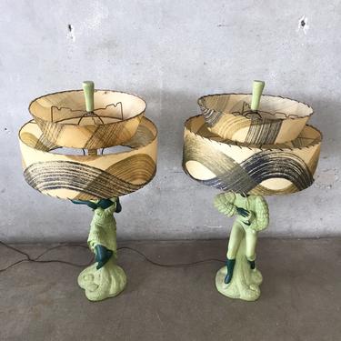 Vintage 1950's Green Lamps With Shades