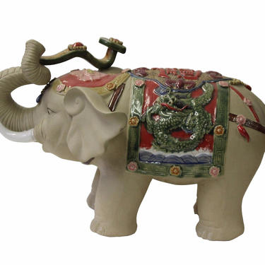 Asian Detail Handmade Ceramic Elephant Trunk Holding Ru Yi &amp; Power Dragon Decor Back Rest vs029E 
