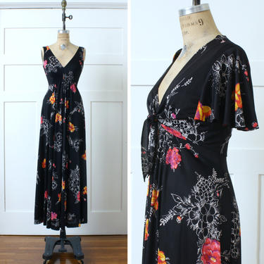 vintage 1970s maxi dress &amp; flutter sleeve capelet • black floral with bright pink and orange • sexy seventies full length dress 