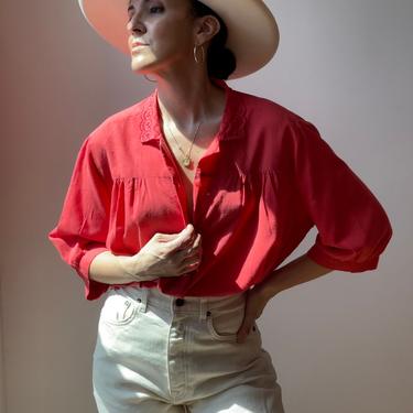 Vintage Red Blouse with Eyelet Details 