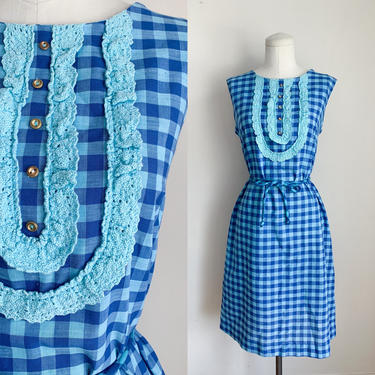 Vintage 1960s Blue Gingham Shift Dress / M 