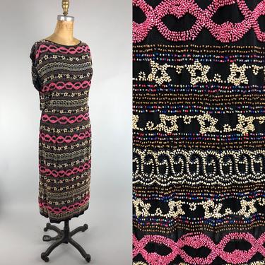 1920s Multicolored Multipatterned Hand Beaded Rayon Dress 