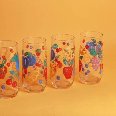 Set of 4 Vintage 80s Colorful Fruit Clear Glass Drinking Cups Glasses 