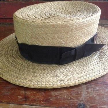 1900s Straw Boater Hat Danbury, Conn. Made Grosgrain Ribbon Bow Small, Damages 