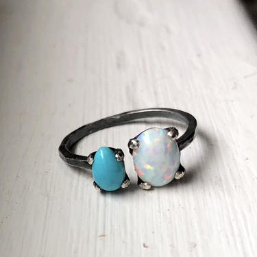 Turquoise and opal oxidized black dual ring 