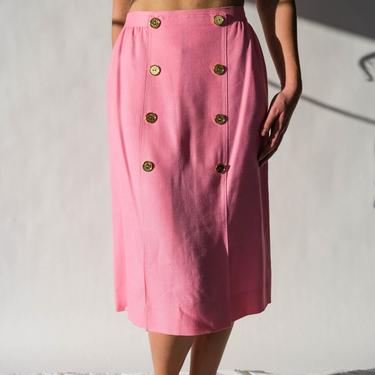 Vintage 80s CELINE PARIS Cotton Candy Pink Linen Skirt w/ Gold Signature Buttons | Made in France | 1980s French Designer Pink Linen Skirt 
