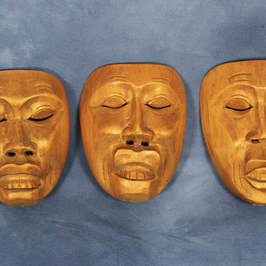 Vintage Set of Three Hand Carved Wooden Asian Masks, Character, Creepy Trio, Lips Teeth 