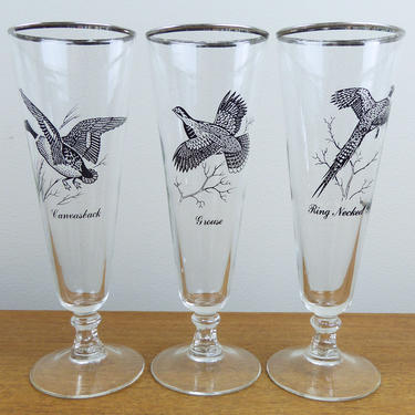 Vintage Federal Glass 10oz Sportsman&#39;s Pilsners | (3) Glasses | Ring Necked Pheasant, Grouse, Canvasback | Platinum Rim | 1956-57 