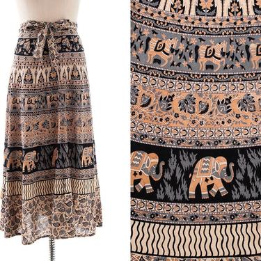 Vintage 1970s Wrap Skirt | 70s Indian Cotton Novelty Print Elephant Floral Paisley Long Full Length Boho Maxi Skirt (medium/large) 