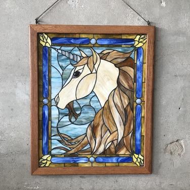 Vintage Unicorn Stained Glass in Oak Frame