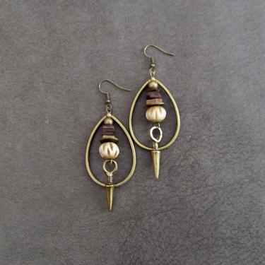 Bronze hoop earrings, bohemian earrings, rustic boho earrings, artisan ethnic earrings, tear drop hoop earrings, carved bone earrings 