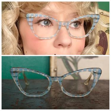 1950s Eyewear // Clear Frames with Blue Plaid Pattern Eyeglasses // vintage 50s eyewear 