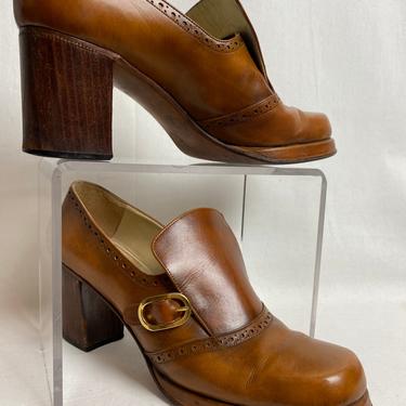 Sexy 70’s chunky heel platform style shoes~ chestnut leather women’s heels~ buckle~ slip on wide heel~ smaller size petite 