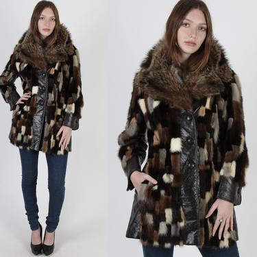 Vintage 70s Patchwork Mink Fur Jacket, Large Raccoon Fur Shawl Collar, Plush Real dark Brown Leather Trench Coat 