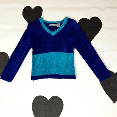 90s Blue Chenille Two Toned Monochromatic Cropped Sweater / Metallic / Teal / Fuzzy / Club Kid / Small / Cyber Goth / Sad Girl / Vaporwave / 