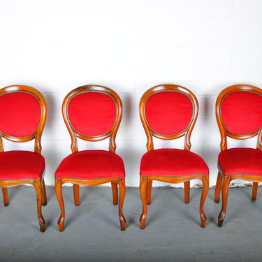 1960s Set of 4 French Louis XV Maple Dining Chairs W/ Red Velvet Upholstery 