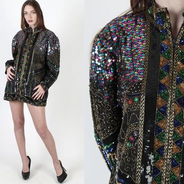 Vintage 80s Abstract Sequin Jacket Gold Beaded Deco Black Silk Evening Party Coat 