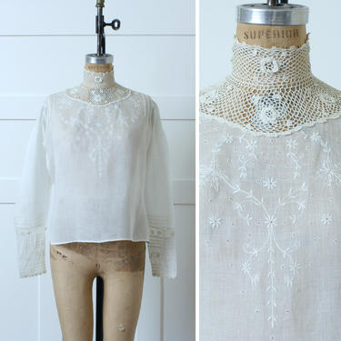 antique Edwardian white organdy blouse • hand crochet tall lace collar &amp; embroidered blouse 