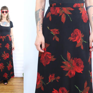 Vintage 90's Black and Red Rose Skirt / 1990's Rose Print Maxi Midi Skirt / Floral / Women's Size Small by Ru