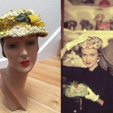 Eunice & Katherine Hat Shopping - Vintage 1950s Yellow Floral Boater Hat Spring Hat 