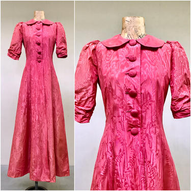 Vintage 1940s Rose Moire Taffeta Hostess Gown, Long Fit n Flare Dressing Gown w/Puffed Sleeves, 30s 40s Hollywood Glamour Robe, Extra Small 